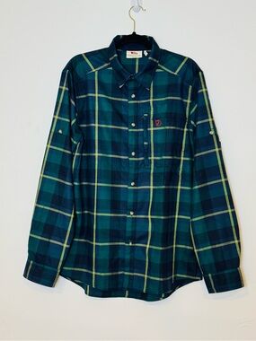 Fjallraven Fjallglim Men's Flannel Shirt Arctic Green /Navy Plaid Button Down L